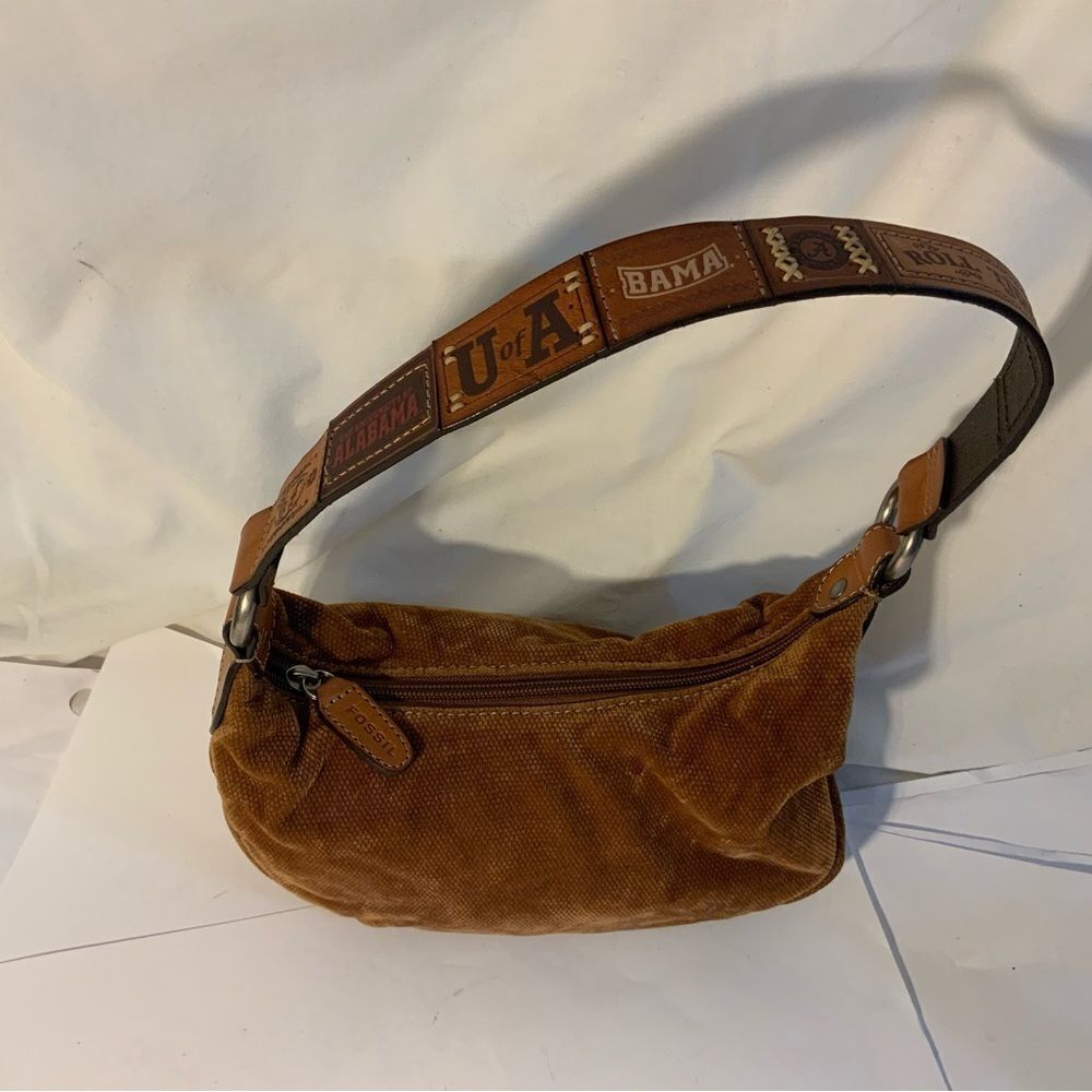 Fossil Brown Brushed Corduroy Velvet  Handbag Leather University of AL Strap - Picture 3 of 12
